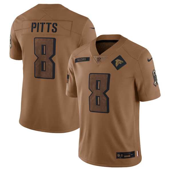 Mens Atlanta Falcons #8 Kyle Pitts 2023 Brown Salute To Setvice Limited Football Stitched Jersey Dyin